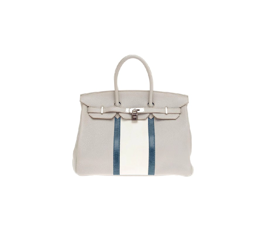 Hermes Constance Taurillon Clemence/Lizard 35 Gris Perle/Mykonos/Blanc