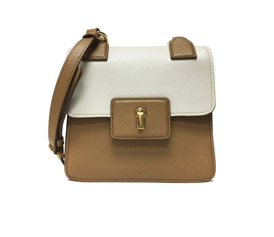 Prada Cuir Pattina Shoulder Bag Saffiano Caramel Beige/Talco White