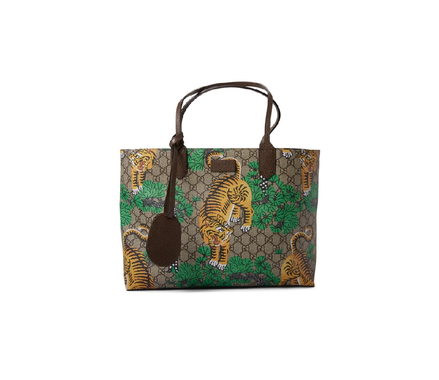 Gucci Handle Bag Tote Monogram GG Supreme Bengal Print Medium Beige/Ebony/Green
