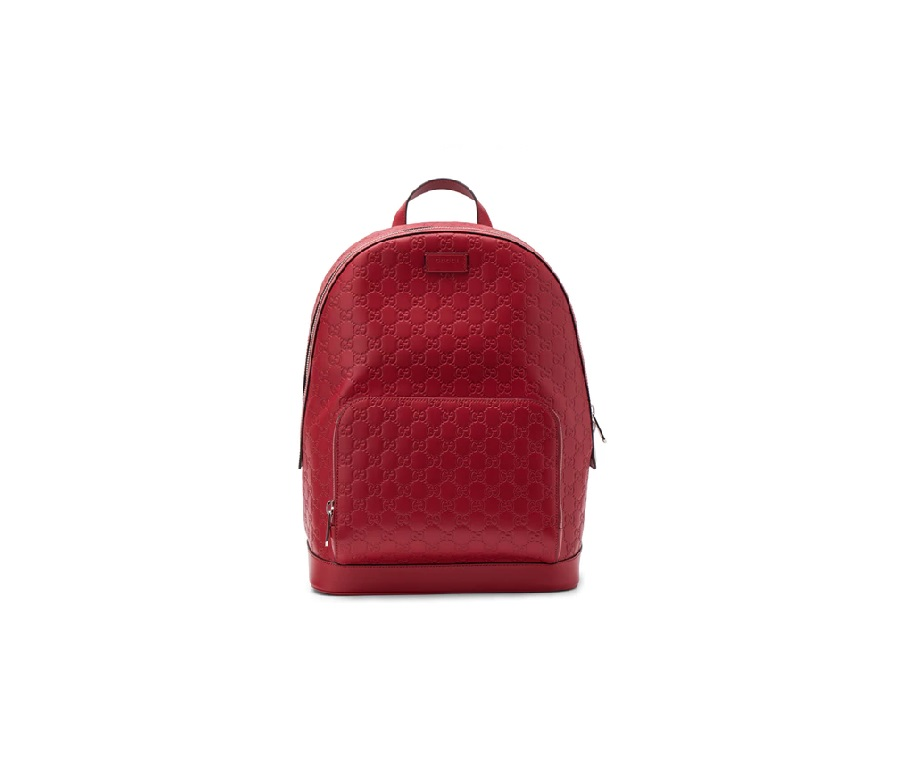 Gucci Signature Backpack Monogram GG Front Zipper Pocket/Embossed Hibiscus Red