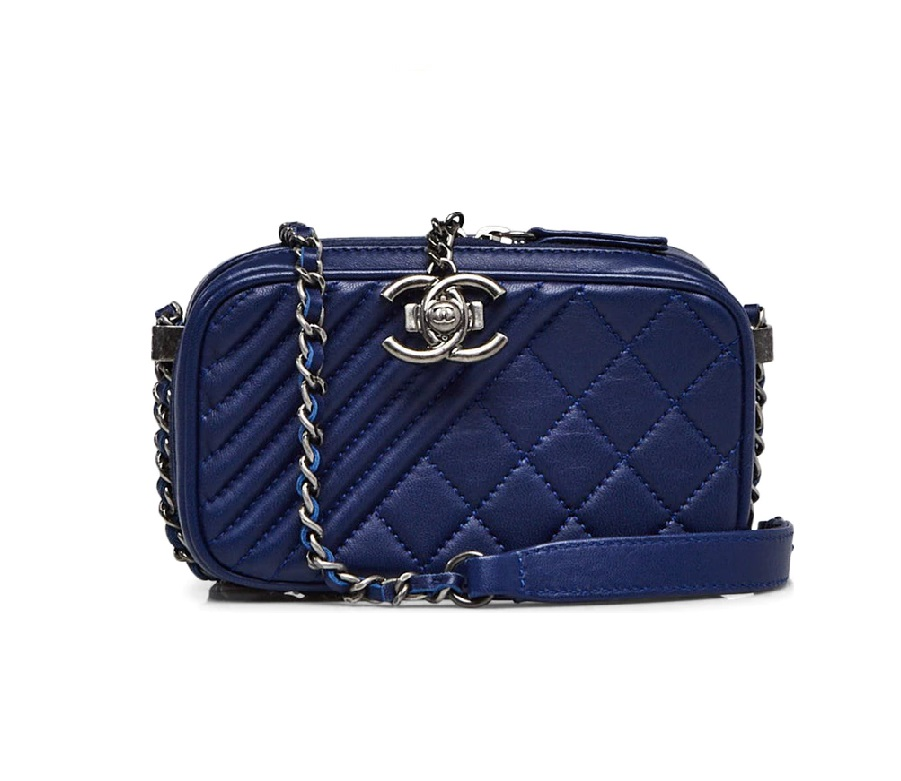 Chanel Coco Boy Camera Bag Quilted Chevron Small Blue