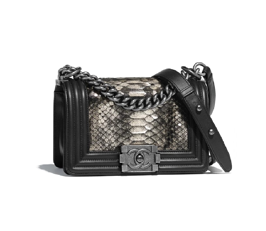 Chanel Boy Handbag Python Small Silver/Black
