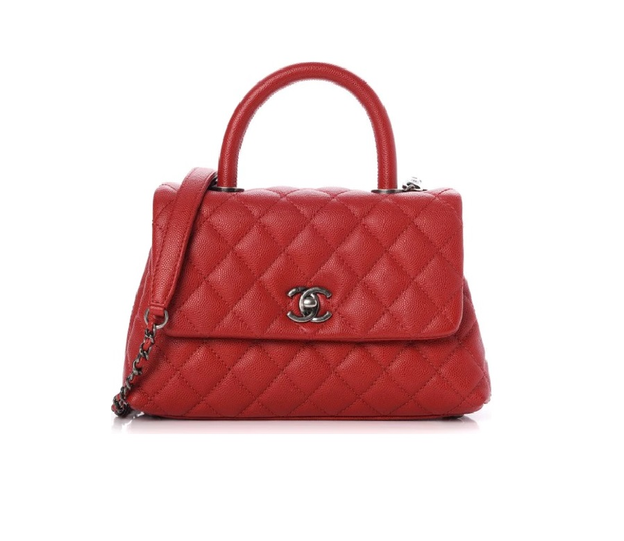 Chanel Coco Handle Flap Quilted Caviar Ruthenium-tone Mini Red
