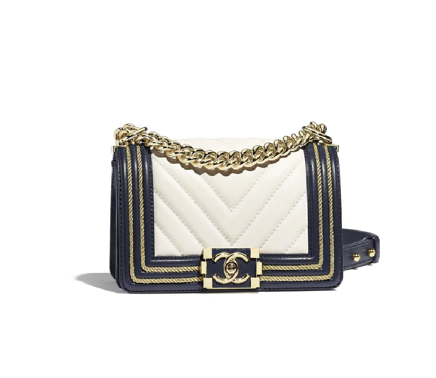 Chanel Boy Handbag Chevron Braid Gold-tone Small White/Navy Blue
