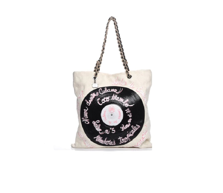 Chanel Cubas Shopping Tote Vinyl Records Embroidered Large Ivory/Black