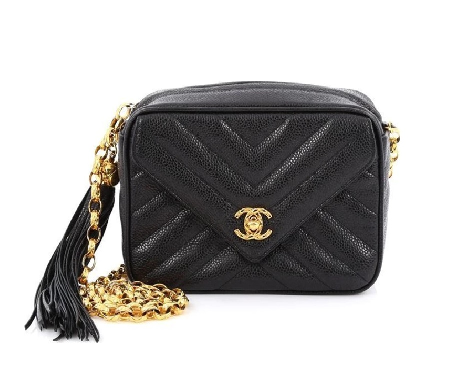 Chanel Vintage Camera Tassel Bag Chevron Small Black
