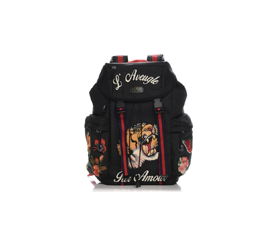 Gucci Techno Canvas Web Drawstring Backpack Embroidered Black