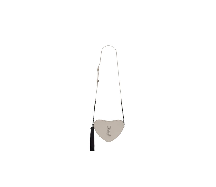 Saint Laurent Heart-Shaped Crossbody Monogram Calfskin Silver-tone Mini Off-White