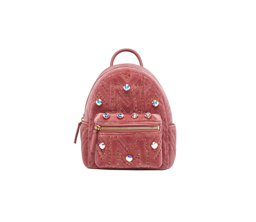 MCM Stark Bebe Boo Backpack Velvet Crystal Studs Quartz Pink